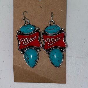 Miller Beer Turquoise Earrings Silver Rodeo Jewelry Gift Boho Party Western